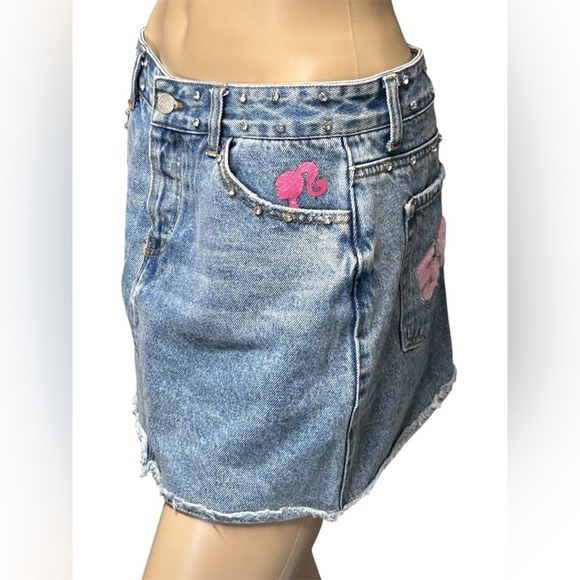 Barbie X Forever21 Rhinestone Distressed Stonewash Denim Mini Skirt Logo Women M - Picture 4 of 11